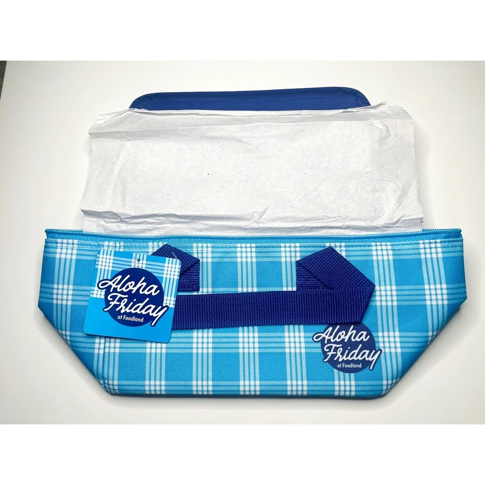Aloha Friday at Foodland Blue Plaid Insulated Lunch Bag Cooler Tote NWT